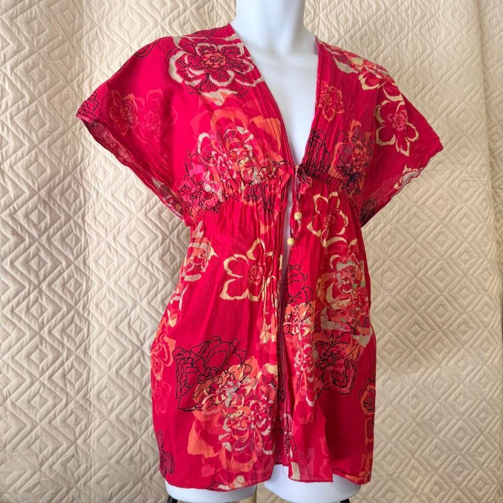 Red floral print babydoll style cover up open front v-neck faux-tie front